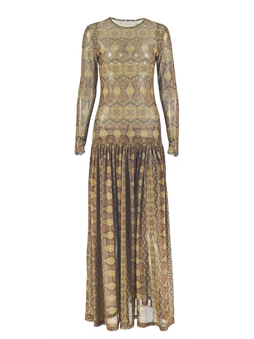 Long-Sleeve Geometric Maxi Dress in Brown and Gold